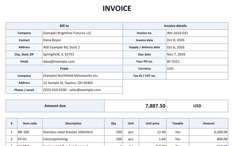 Invoice template for Excel (free) preview