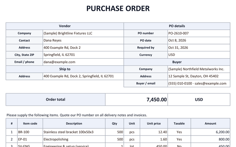 Purchase order template for Excel (free) preview