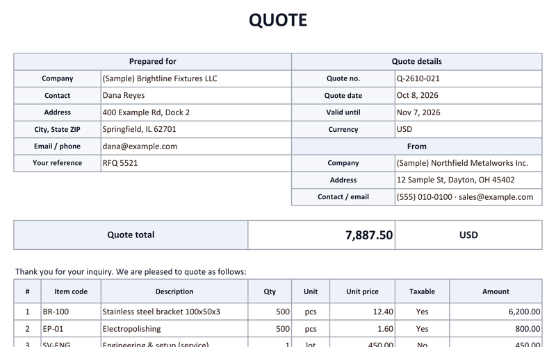 Quote template for Excel (free) preview