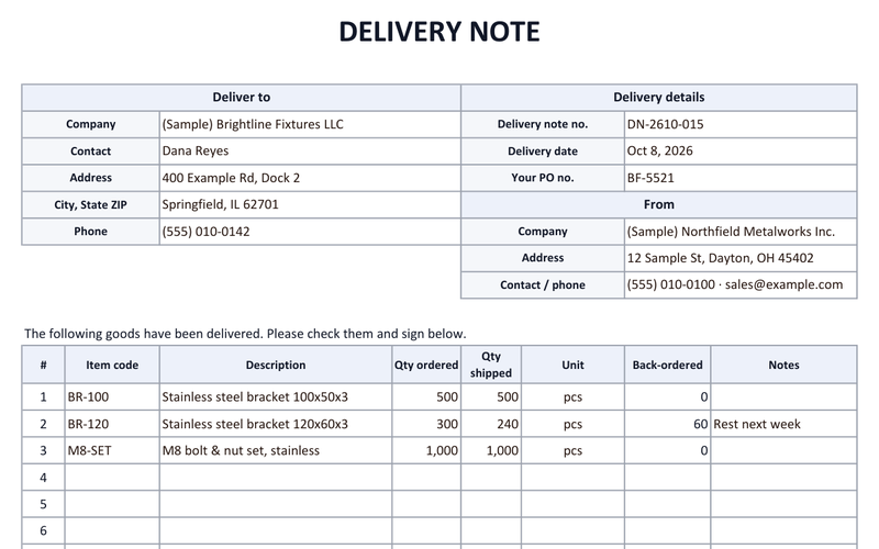 Delivery note template for Excel (free) preview